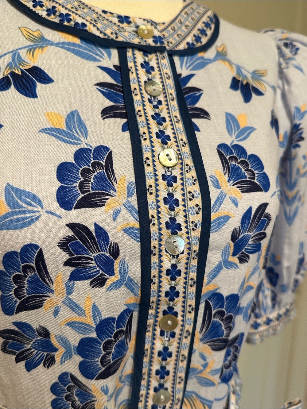 A Loves A Blue White Floral Bubble Sleeve A-Line Flounce Mini Dress XS - Picture 6 of 16